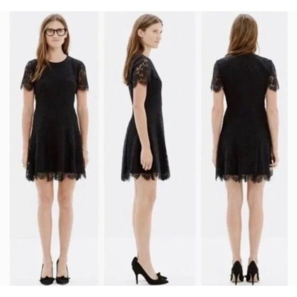 Madewell Black Lace Floral Short Sleeve Shift Dress